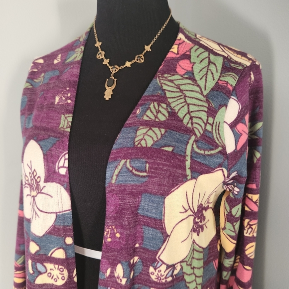 LuLaRoe Sweaters - LuLaRoe Janet duster cardigan featuring a purple, floral, and Striped Pattern